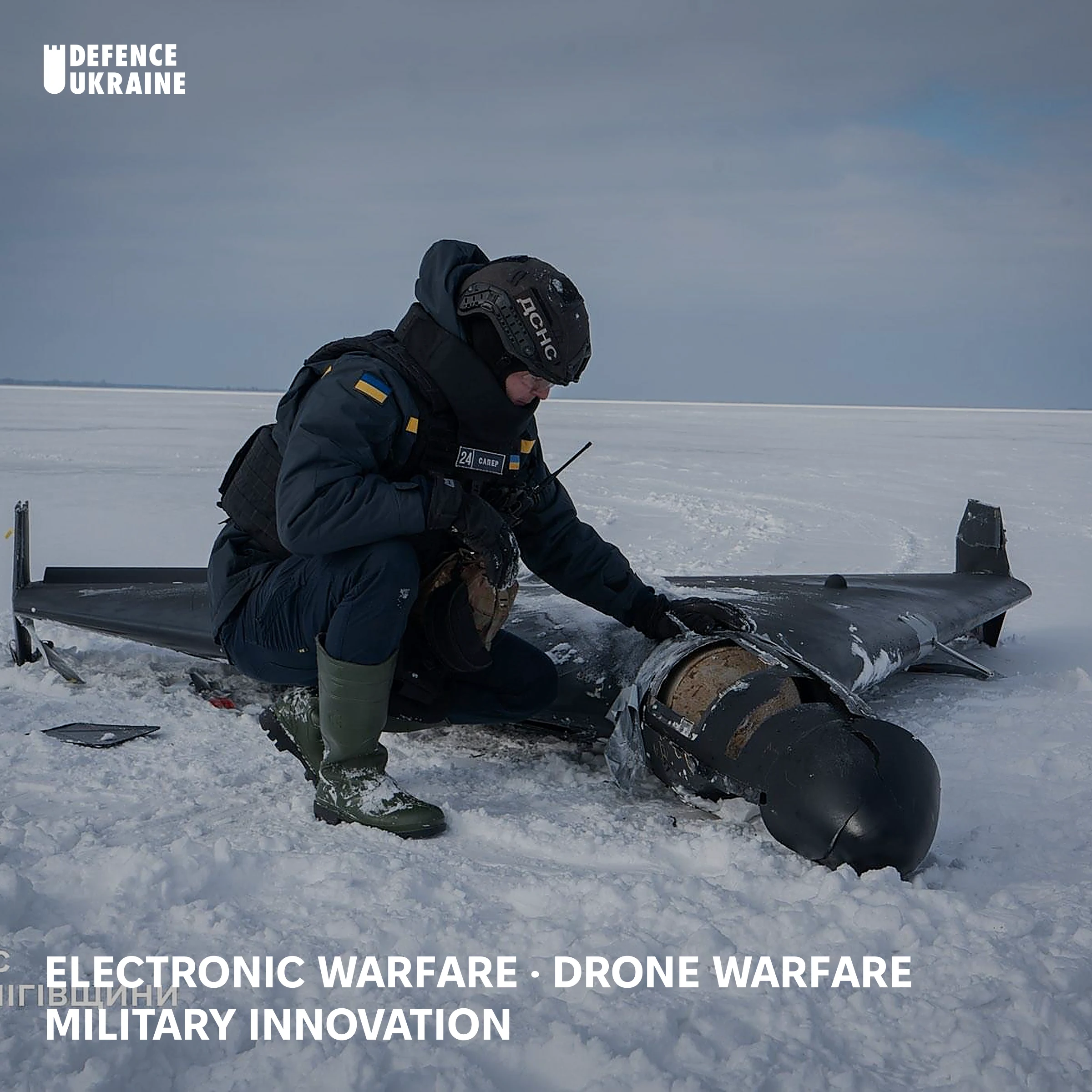 A Ukrainian State Emergency Service sapper kneels on a frozen reservoir to examine the wreckage of a black Shahed-type attack drone, the class of Russian weapon that carries the Kometa anti-jam navigation module.