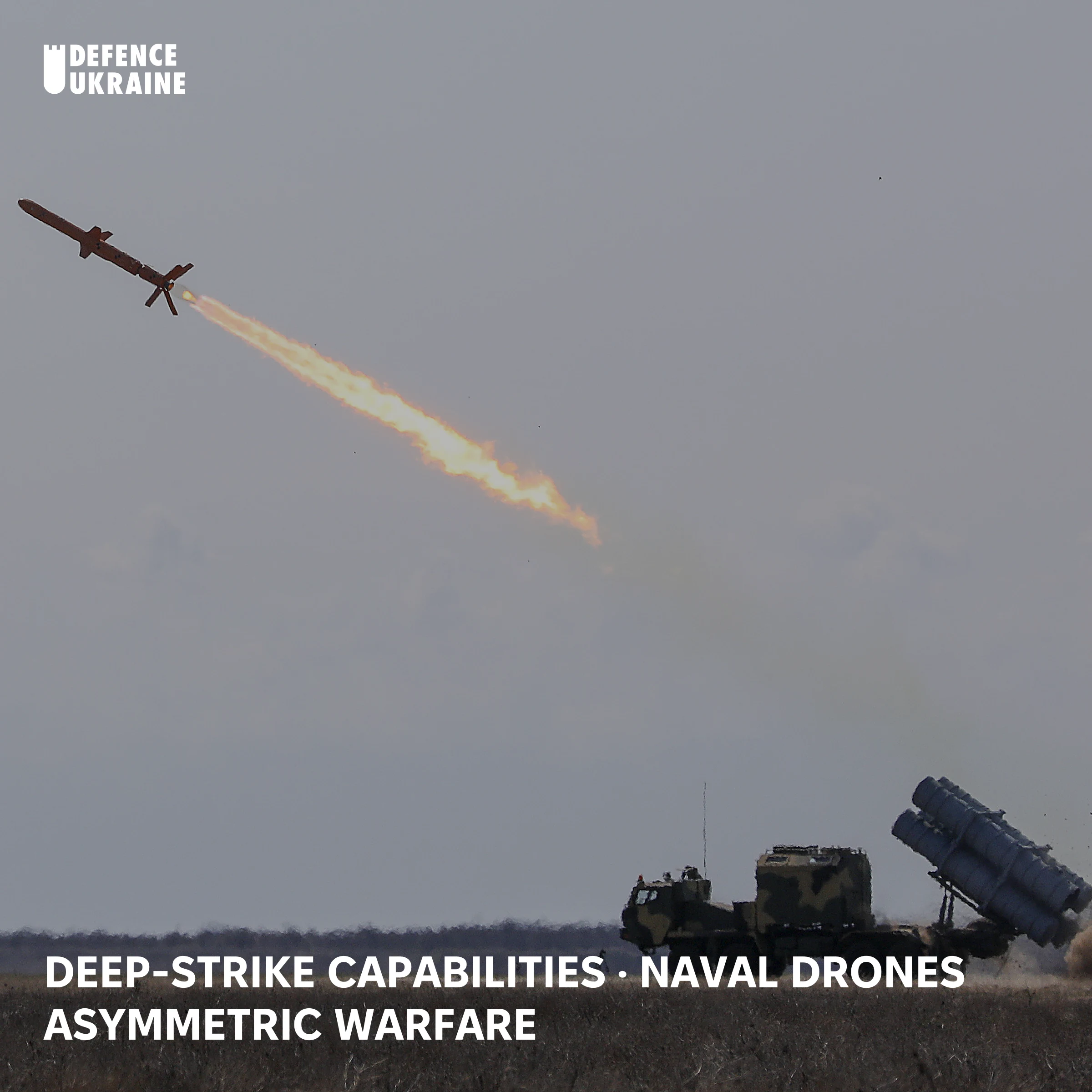 An R-360 Neptune cruise missile climbing away from its USPU-360 launcher on a KrAZ chassis during a Ukrainian test firing, the sovereign coastal-defence system used against Russian warships at Novorossiysk.
