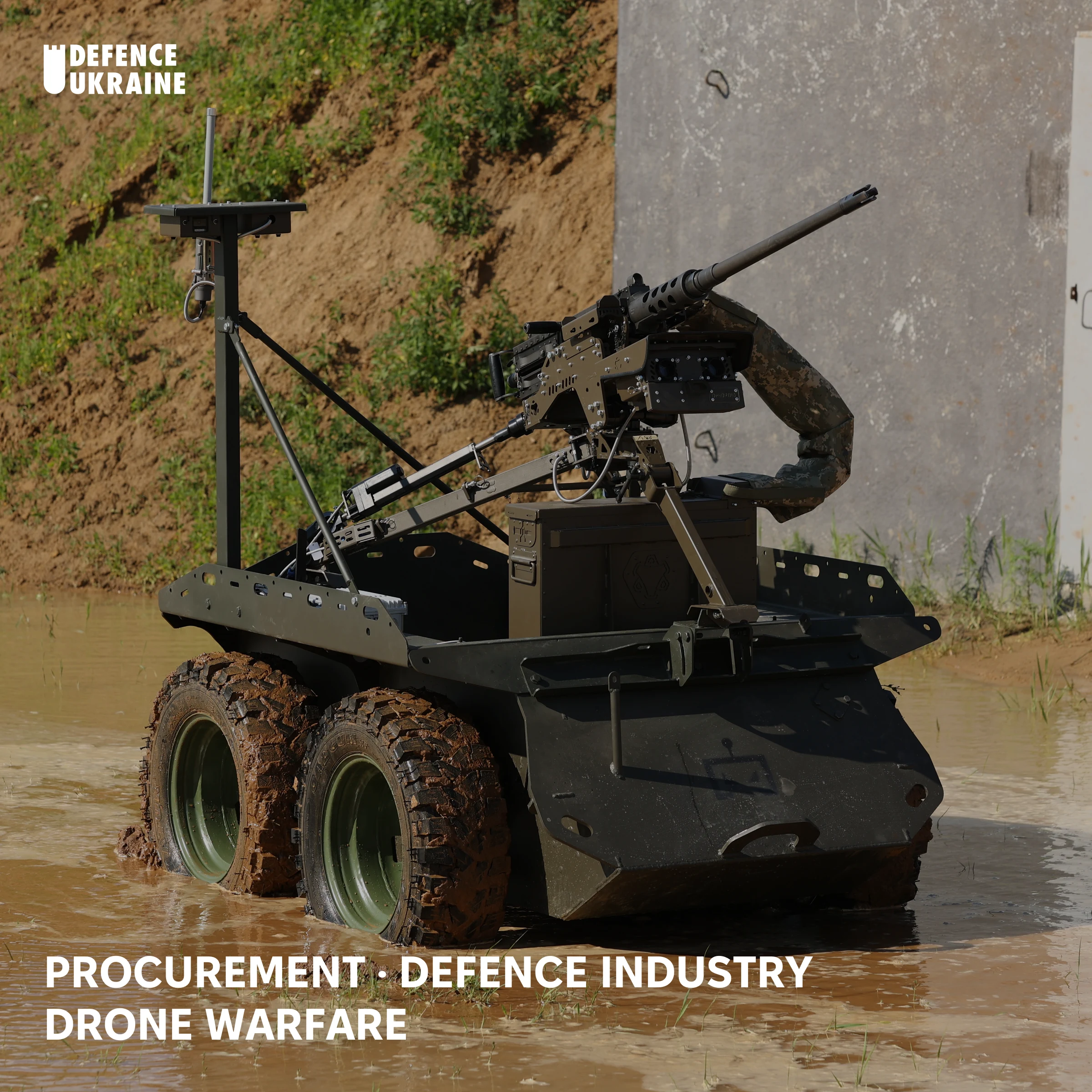 A Ukrainian Zmiy Droid 12.7 armed ground robot, a six-wheeled platform mounting a heavy machine gun, fords a flooded track during the state codification trials that gate entry to Ukraine's drone tenders.