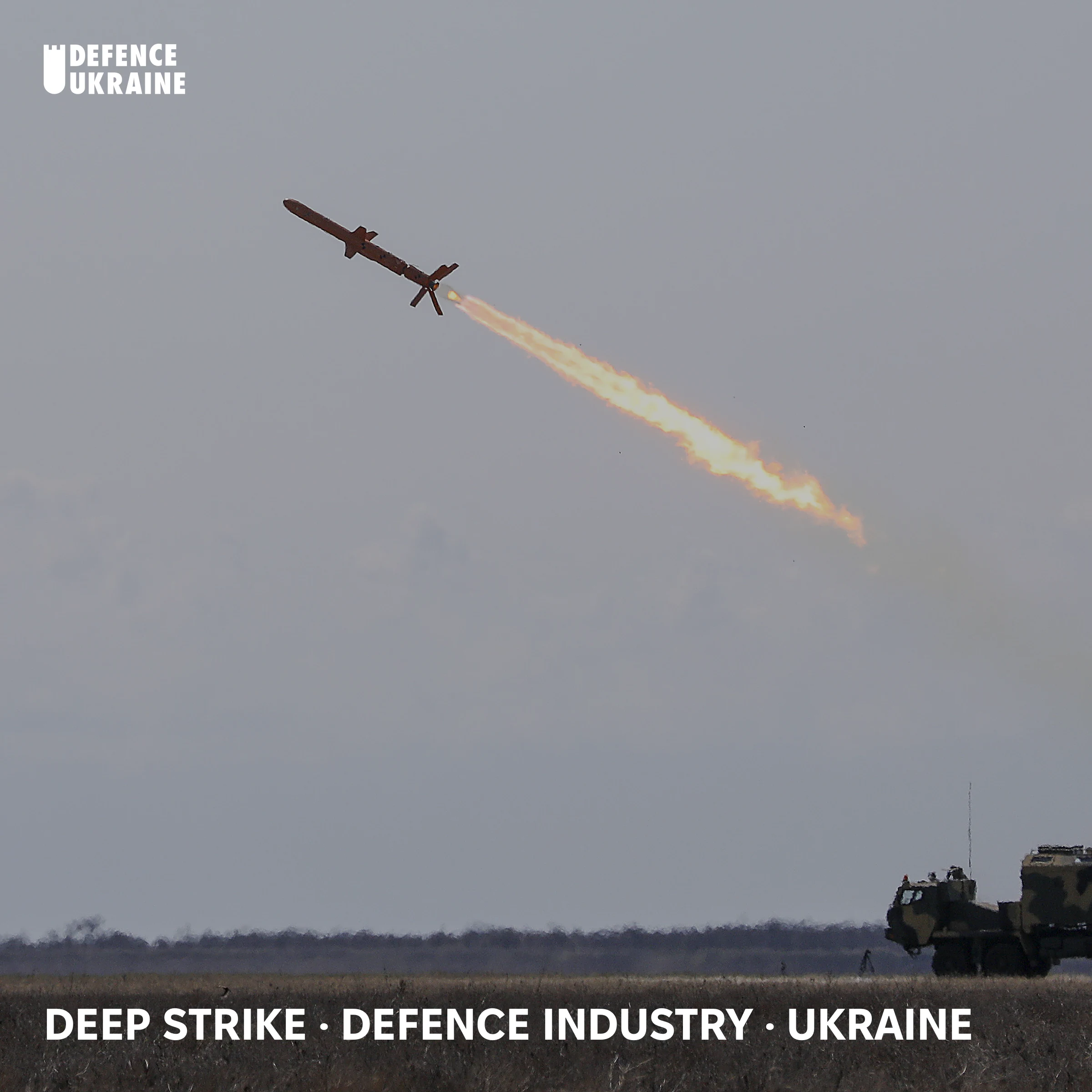 An R-360 Neptune cruise missile mid-launch from its KrAZ-mounted transporter-erector-launcher, flame trail visible. The Ukrainian-built platform struck the Novoshakhtinsk refinery on 31 May 2026 as part of Ukraine's deep-strike campaign against Russian oil infrastructure.