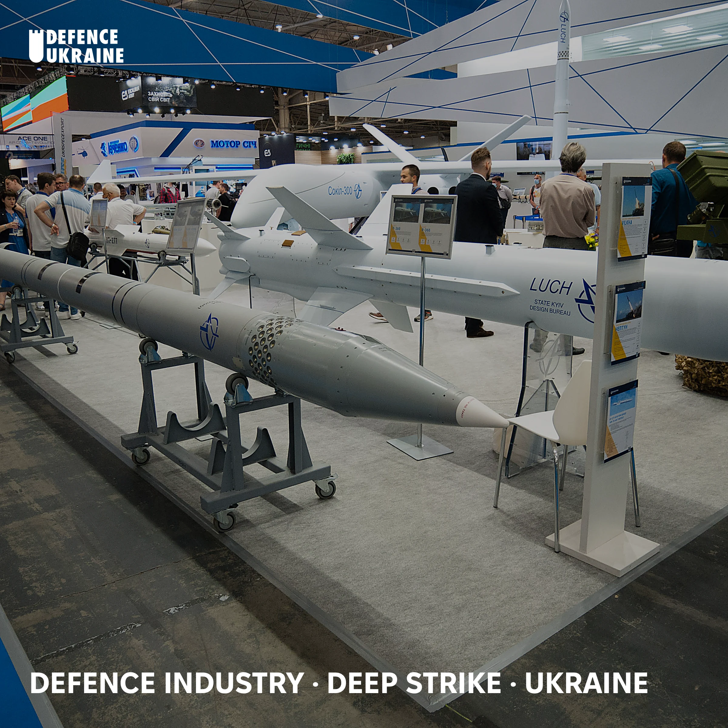 Luch Design Bureau exhibition stand at Kyiv 2021 showing a Neptune R-360 cruise missile with the LUCH branding. Luch is one of Ukraine's principal long-range strike manufacturers.